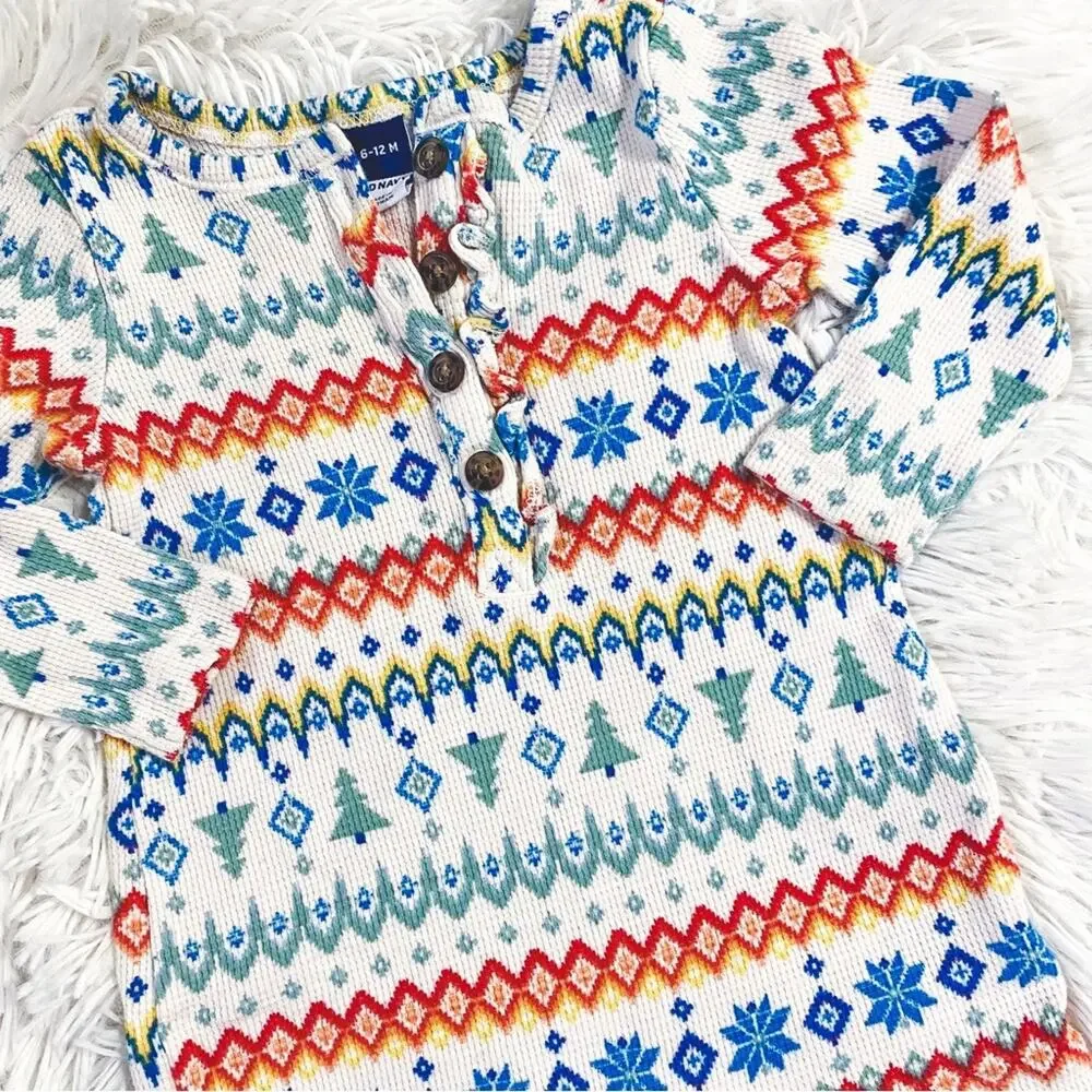 OLD NAVY • Winter Fair Isle Thermal Waffle Knit Ruffle Trim Romper Sleeper